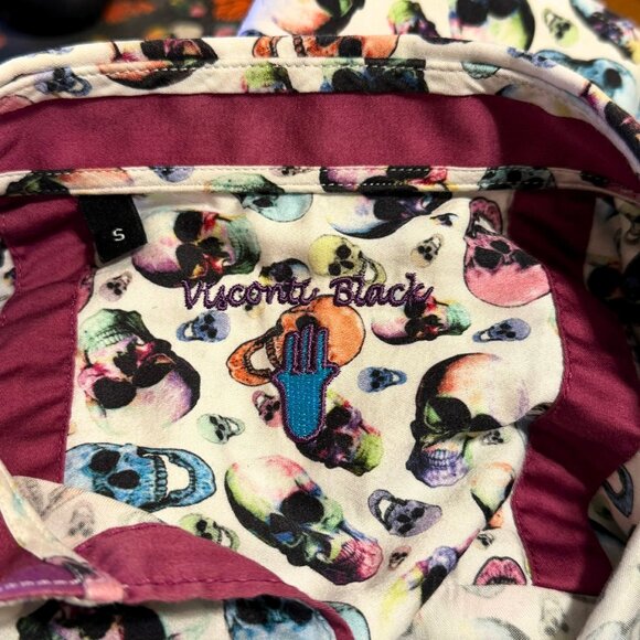 Luciano Visconti Black Skull Print Button-Up Shirt | Size Small | 100% Cotton - Picture 7 of 8